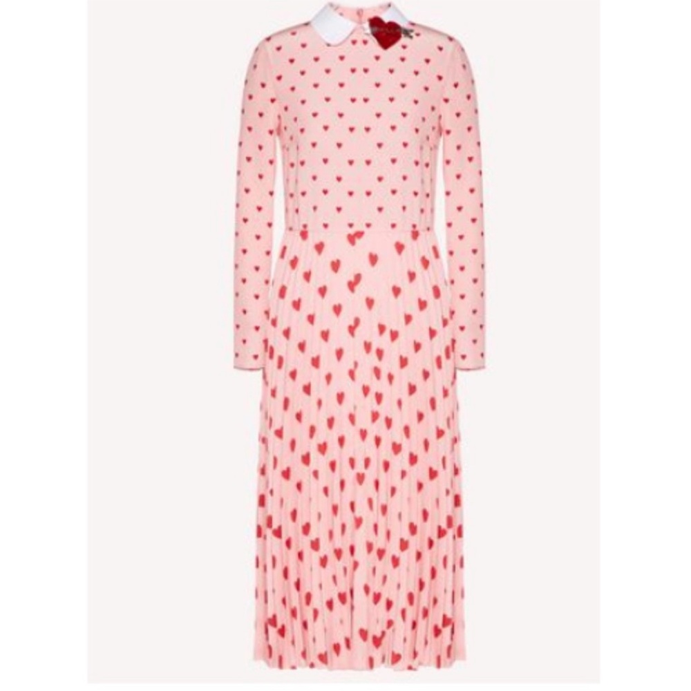 VALENTINO Valentines Heart Midi Maxi Pleated Chine Red Pink Heart Dress 38 8 - Picture 5 of 16